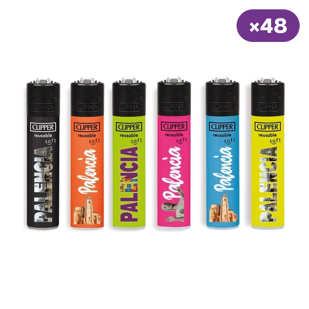 Encendedores Clipper de varios colores con diseños de Palencia, textos y monumentos, alineados sobre fondo blanco con distintivo de 48 unidades.