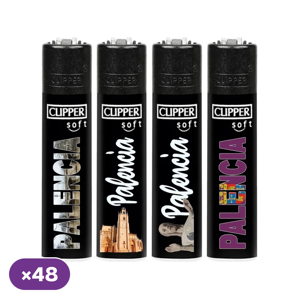 Selección de encendedores Clipper negros con distintos diseños de Palencia: letras, edificios, escultura y escudo; distintivo ×48.