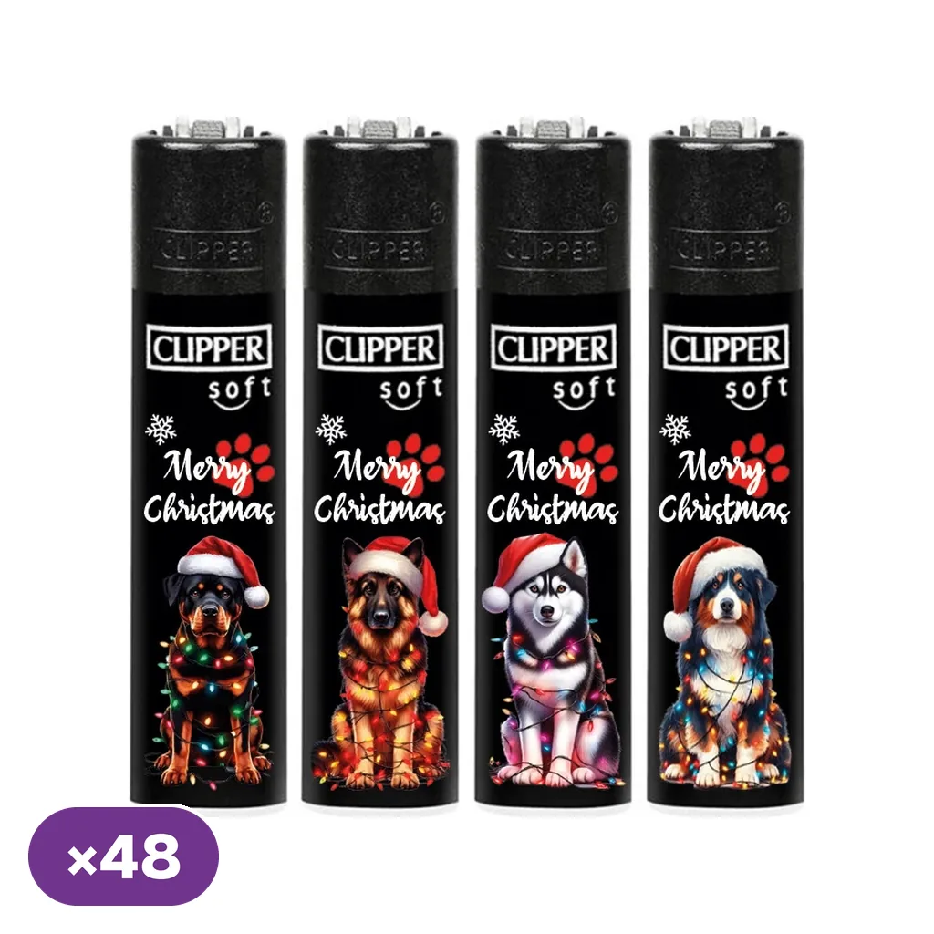 Selección de encendedores negros Clipper con distintos perros, gorros navideños, luces de colores y el texto Merry Christmas.