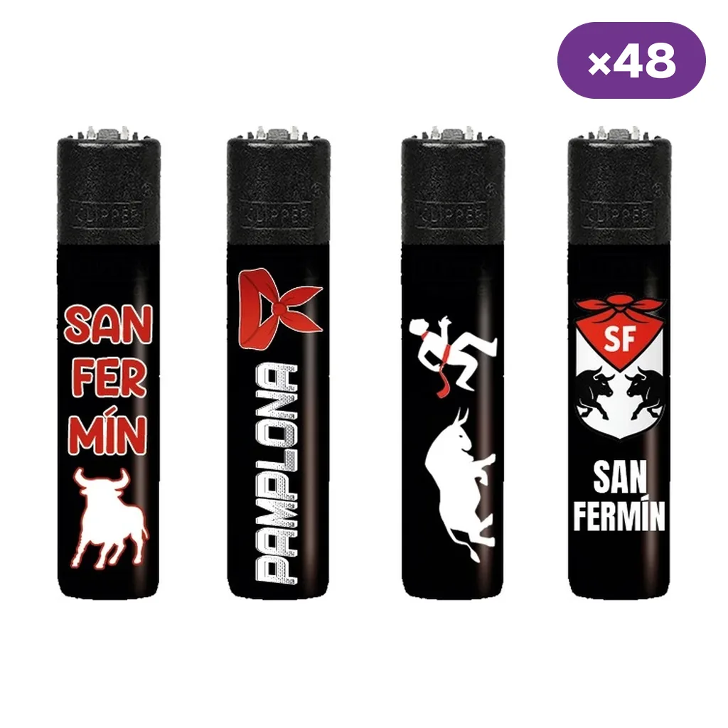 Selección de encendedores Clipper negros con distintos diseños de San Fermín, toros y pañuelos rojos, junto al distintivo «×48».