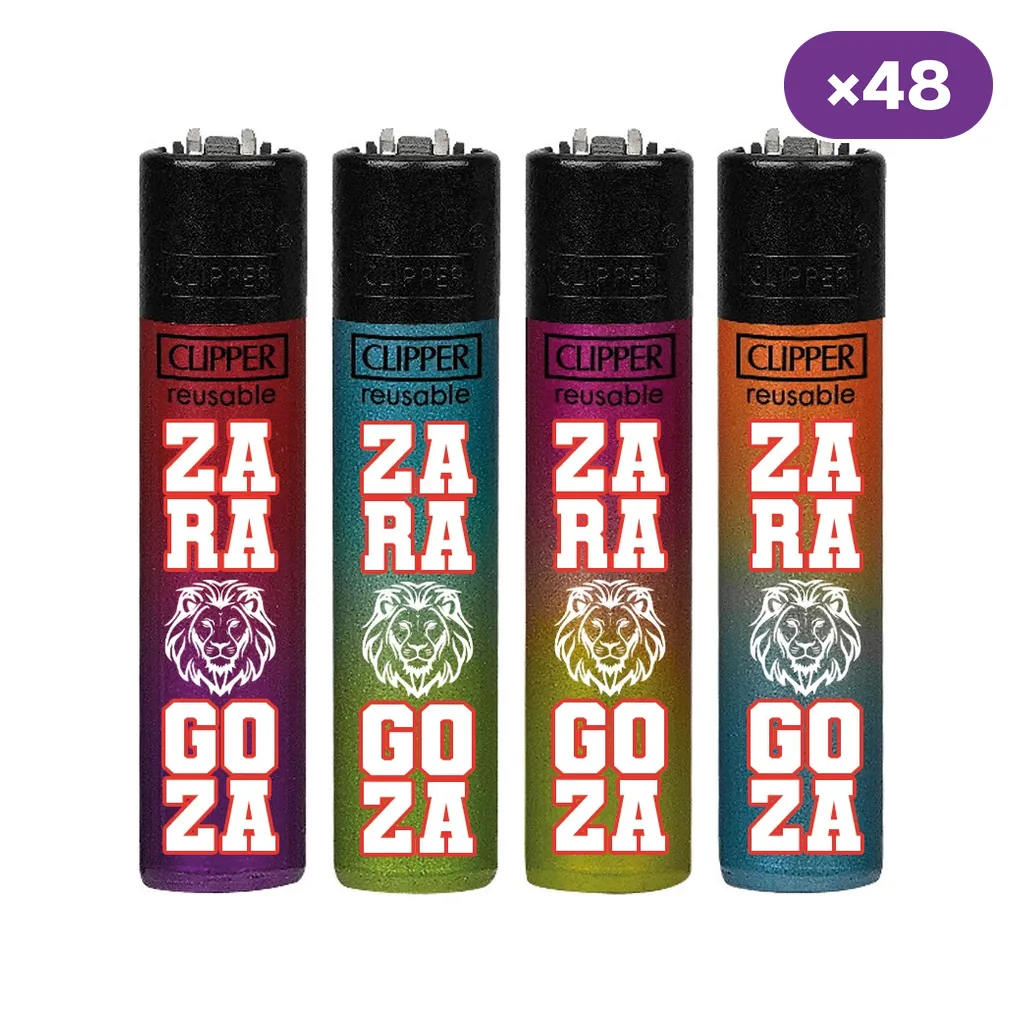 Encendedores Clipper con distintos degradados de color, cabezal negro, un león blanco y el nombre Zaragoza distribuido en bloques.