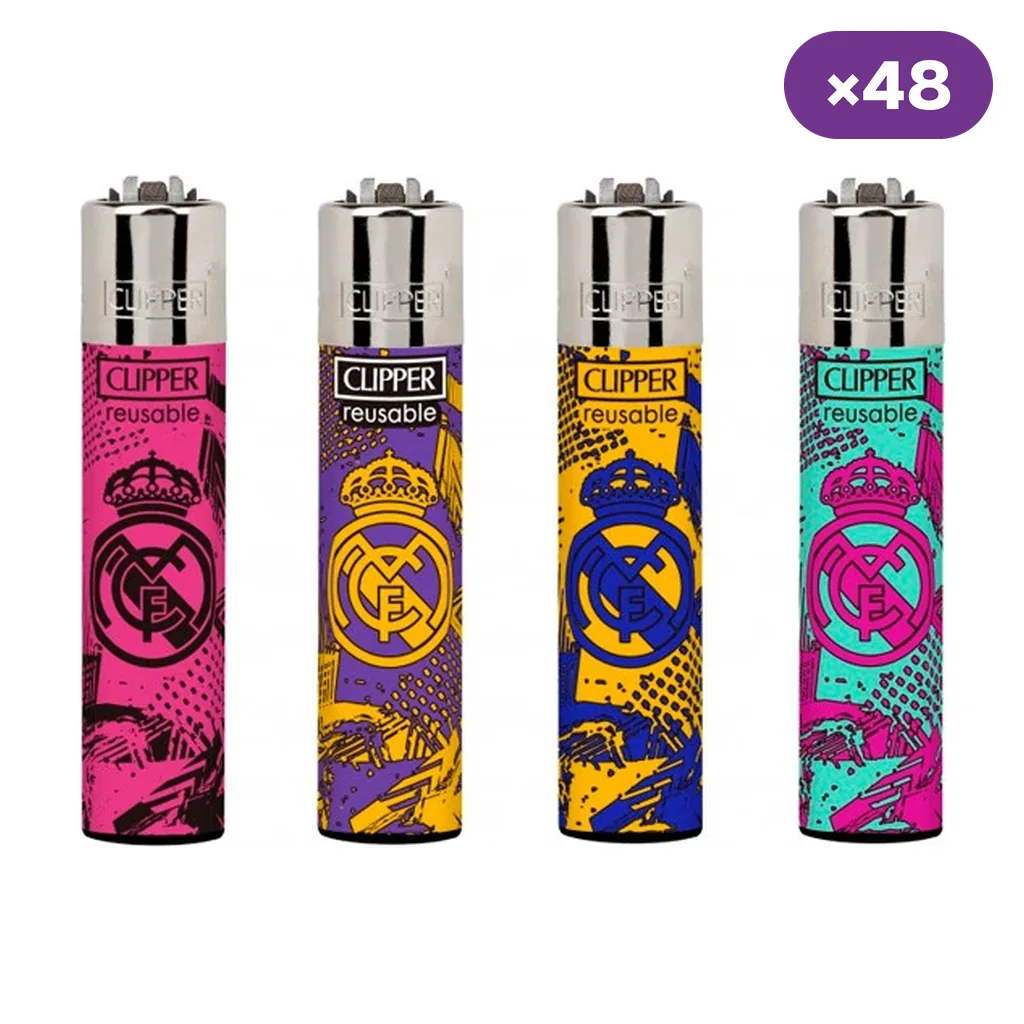 Encendedores Clipper con escudo del Real Madrid en distintas combinaciones de rosa, morado, amarillo y turquesa; distintivo «×48».