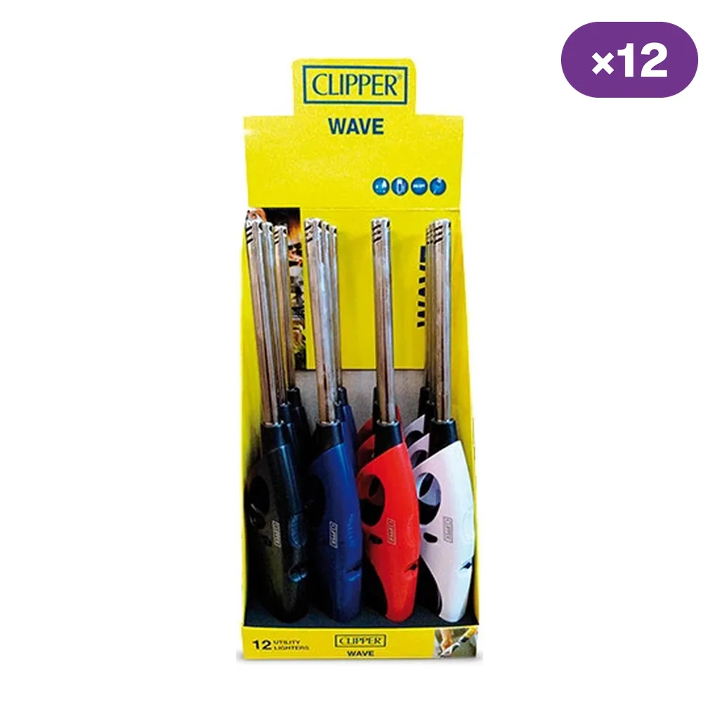 Expositor amarillo Clipper Wave con encendedores de cuello largo y mangos negros, azules, rojos y blancos; indica 12 unidades.