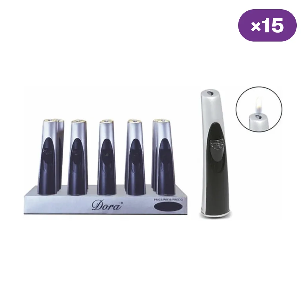 Encendedores de cocina blancos y negros en expositor Dora, con una unidad ampliada y un detalle de la llama; distintivo ×15. Encendedores de cocina blancos y negros en expositor Dora, con una unidad ampliada y un detalle de la llama; distintivo ×15.