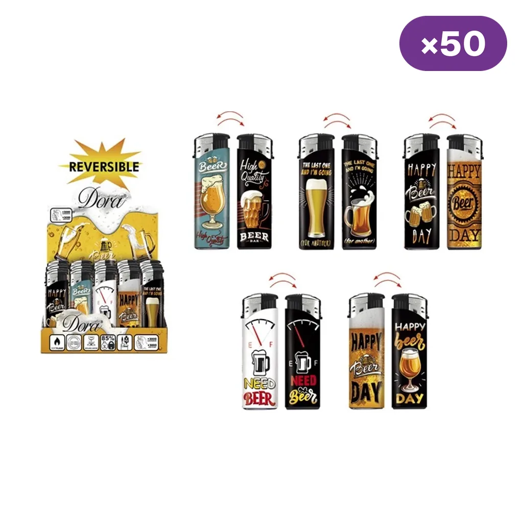 Expositor y selección de encendedores con motivos de cerveza; flechas muestran los diseños de ambas caras y un rótulo indica 50 unidades. Expositor y selección de encendedores con motivos de cerveza; flechas muestran los diseños de ambas caras y un rótulo indica 50 unidades.