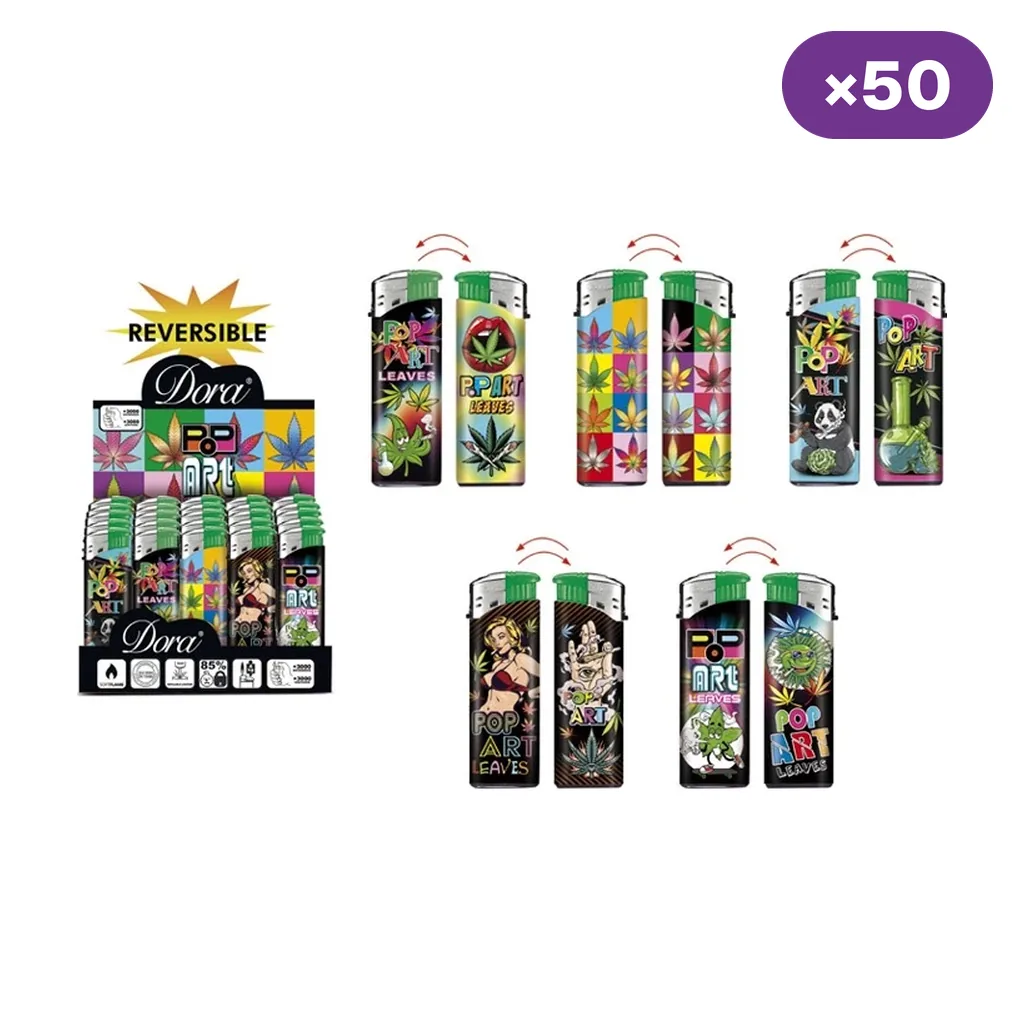 Expositor Dora y selección de encendedores con diseños Pop Art de hojas y personajes, vistas de ambas caras y distintivo de 50 unidades. Expositor Dora y selección de encendedores con diseños Pop Art de hojas y personajes, vistas de ambas caras y distintivo de 50 unidades.