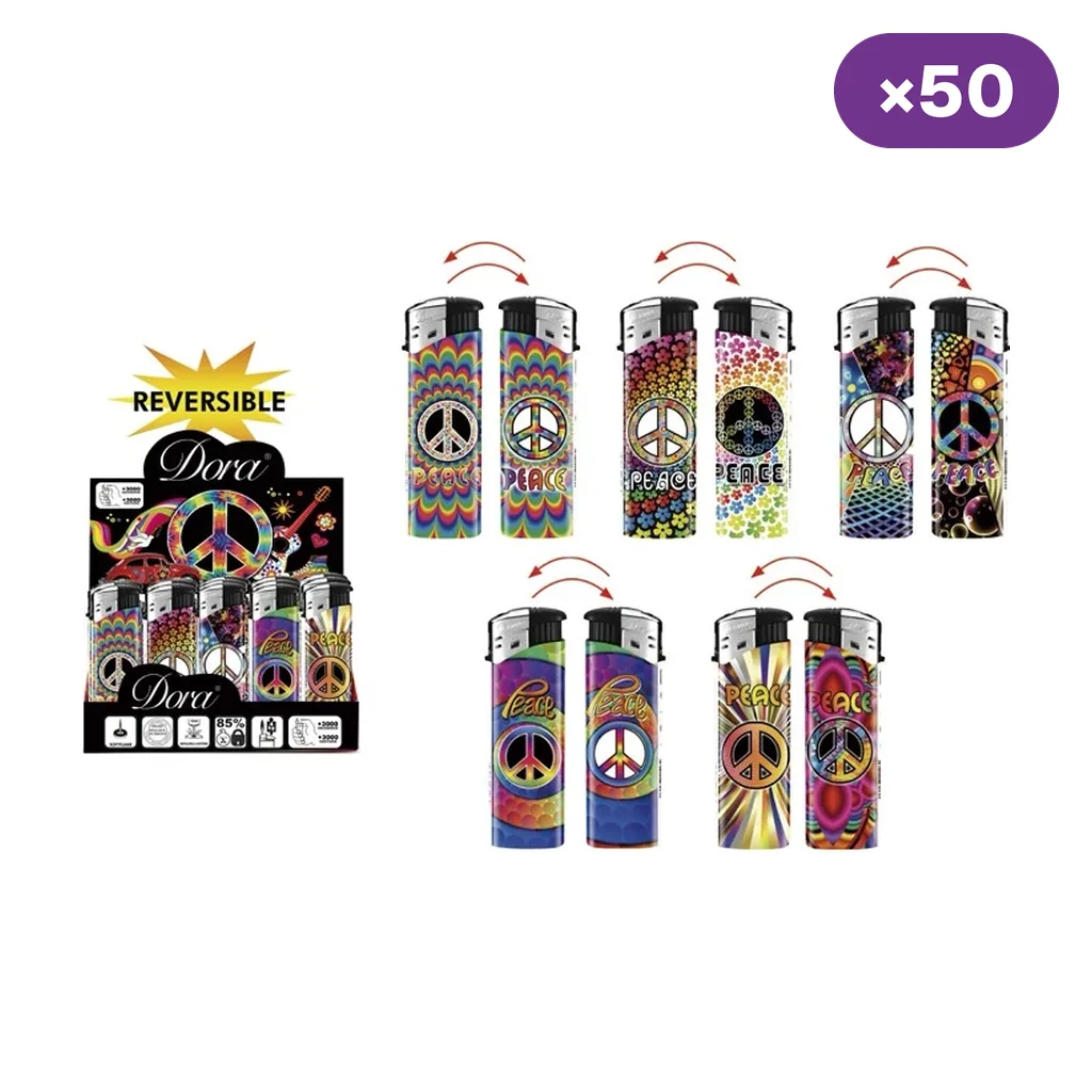 Selección de encendedores con distintos diseños multicolores y símbolos de paz; se muestran ambas caras, un expositor y el rótulo ×50.