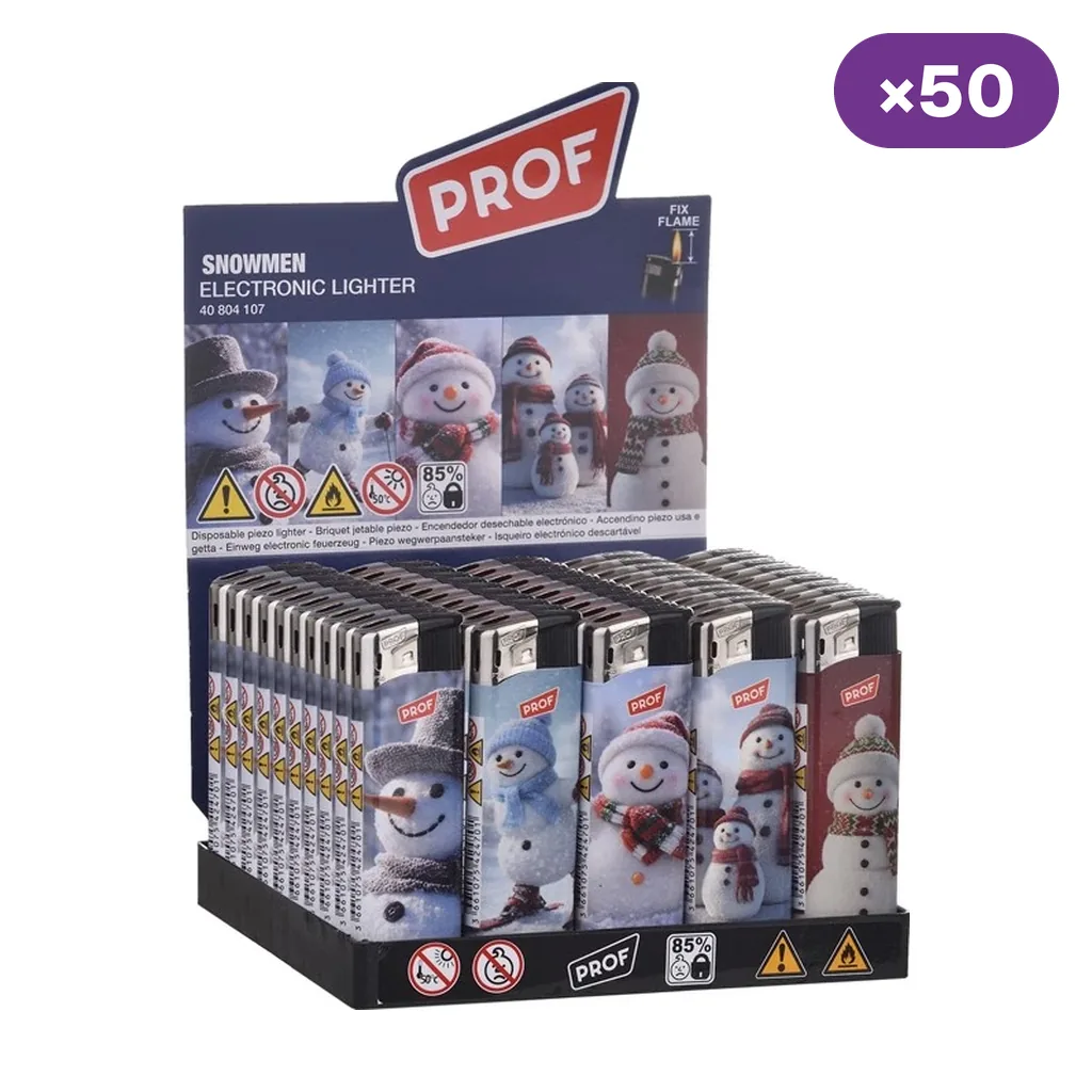 Expositor PROF de encendedores Snowmen con distintos dibujos de muñecos de nieve y distintivo de 50 unidades. Expositor PROF de encendedores Snowmen con distintos dibujos de muñecos de nieve y distintivo de 50 unidades.