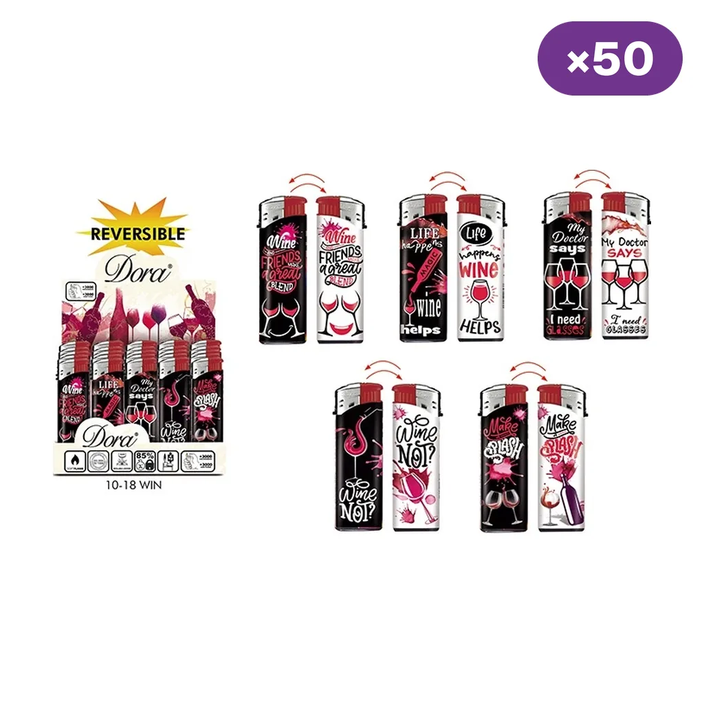 Selección de encendedores Win con diseños reversibles negros y blancos, dibujos de vino, expositor y distintivo de 50 unidades. Selección de encendedores Win con diseños reversibles negros y blancos, dibujos de vino, expositor y distintivo de 50 unidades.