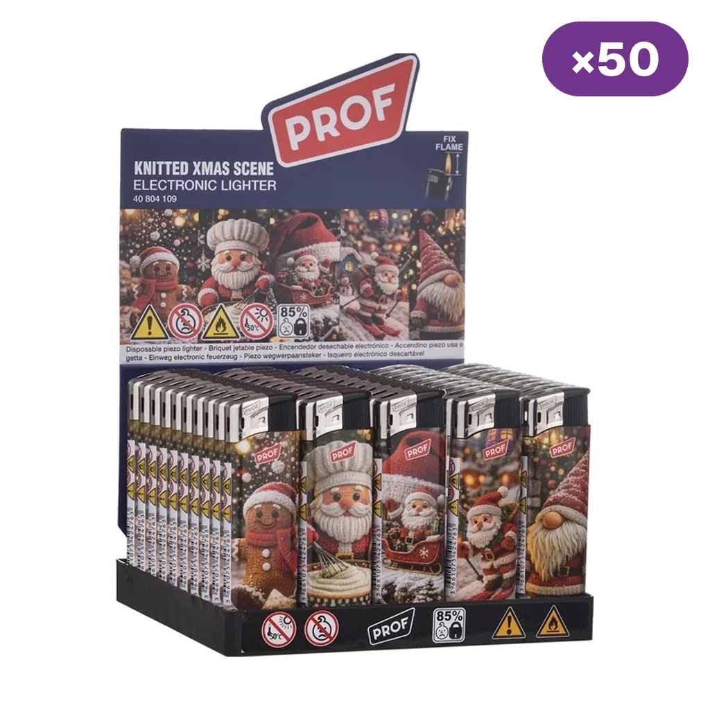 Expositor PROF con varios encendedores electrónicos decorados con personajes navideños de aspecto tejido y un rótulo de 50 unidades. Expositor PROF con varios encendedores electrónicos decorados con personajes navideños de aspecto tejido y un rótulo de 50 unidades.