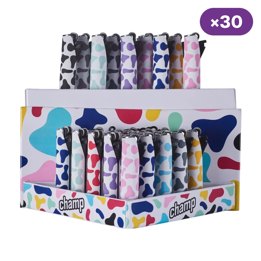 Expositor de encendedores Cow Flint con estampados de manchas en varios colores sobre blanco y distintivo de 30 unidades. Expositor de encendedores Cow Flint con estampados de manchas en varios colores sobre blanco y distintivo de 30 unidades.