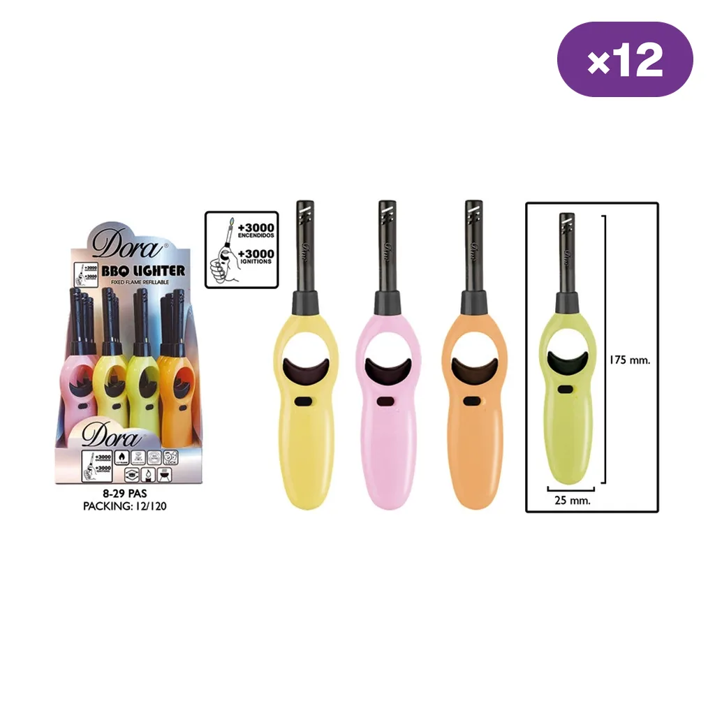 Selección de encendedores Dora BBQ de cuello largo en amarillo, rosa, naranja y verde pastel, junto a un expositor y el distintivo ×12. Selección de encendedores Dora BBQ de cuello largo en amarillo, rosa, naranja y verde pastel, junto a un expositor y el distintivo ×12.