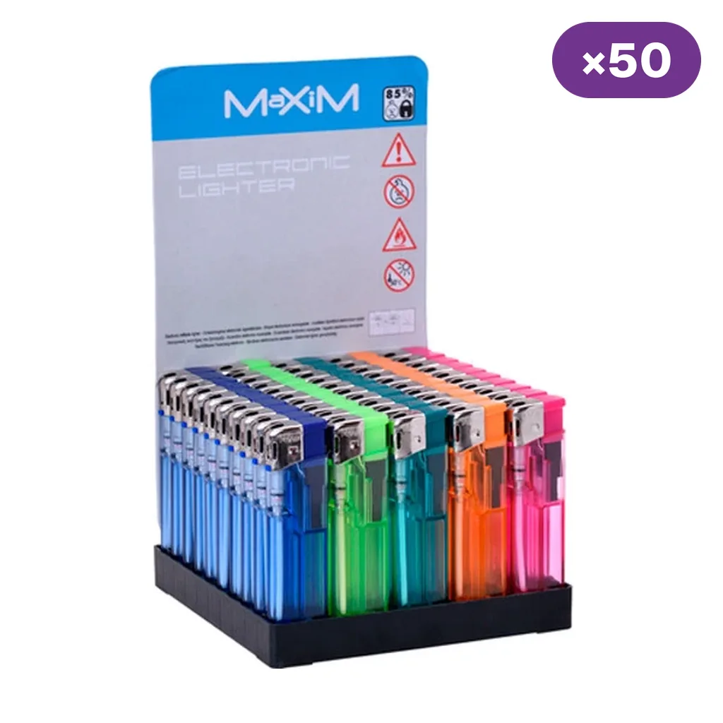 Expositor Maxim con encendedores transparentes azules, verdes, turquesas, naranjas y rosas, con indicación de 50 unidades. Expositor Maxim con encendedores transparentes azules, verdes, turquesas, naranjas y rosas, con indicación de 50 unidades.