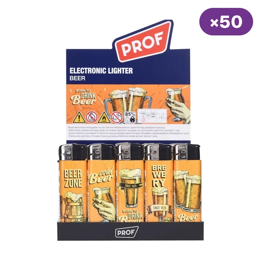 Expositor Prof Beer con encendedores naranjas de distintos diseños de jarras y botellas de cerveza, y distintivo ×50. Expositor Prof Beer con encendedores naranjas de distintos diseños de jarras y botellas de cerveza, y distintivo ×50.