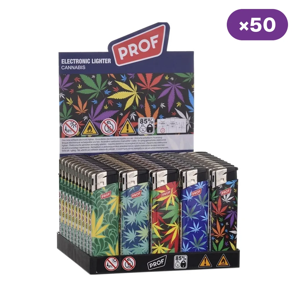 Expositor de 50 encendedores electrónicos Prof Cannabis con estampados de hojas multicolores y cabezales plateados. Expositor de 50 encendedores electrónicos Prof Cannabis con estampados de hojas multicolores y cabezales plateados.