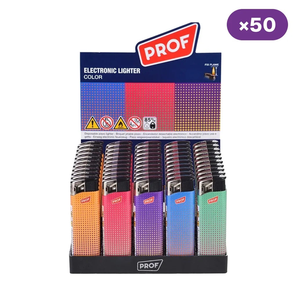 Expositor de encendedores electrónicos Prof Color con diseños de puntos en varios colores y un distintivo de 50 unidades.