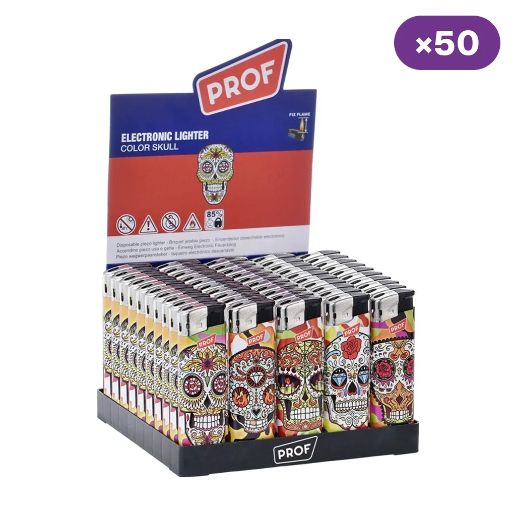 Expositor Prof Color Skulls con varias unidades de encendedores decorados con calaveras de colores y un distintivo de 50 unidades. Expositor Prof Color Skulls con varias unidades de encendedores decorados con calaveras de colores y un distintivo de 50 unidades.
