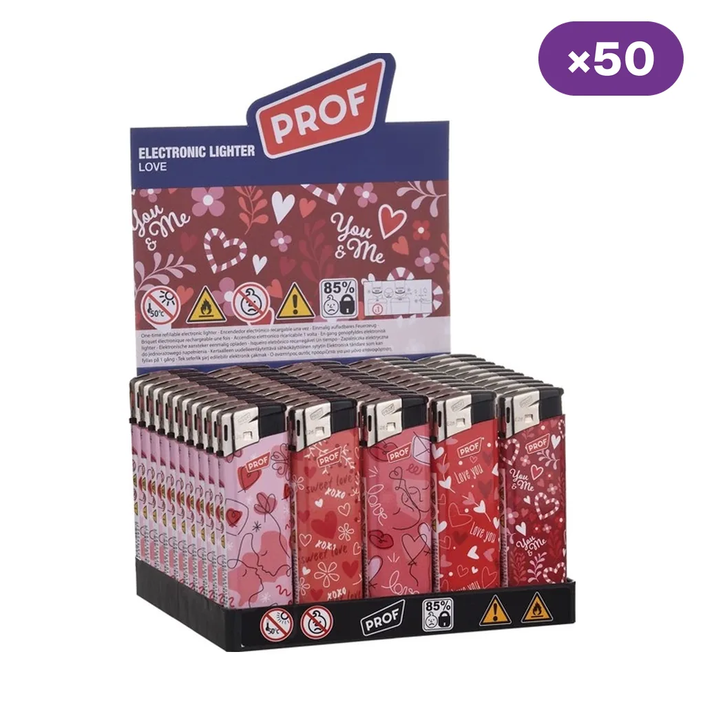 Expositor de encendedores electrónicos Prof Love con diseños rosas y rojos de corazones, flores y mensajes, y distintivo de 50 unidades. Expositor de encendedores electrónicos Prof Love con diseños rosas y rojos de corazones, flores y mensajes, y distintivo de 50 unidades.