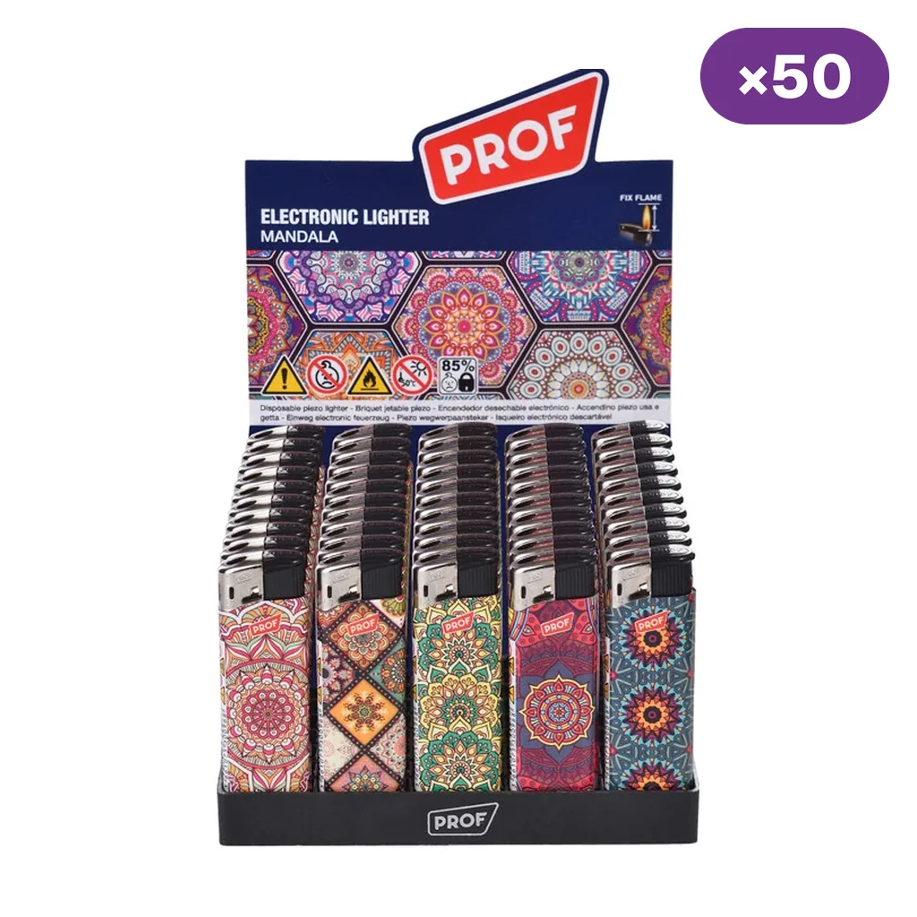 Expositor Prof Mandala con varias filas de encendedores decorados con mandalas de distintos colores y un distintivo de 50 unidades. Expositor Prof Mandala con varias filas de encendedores decorados con mandalas de distintos colores y un distintivo de 50 unidades.