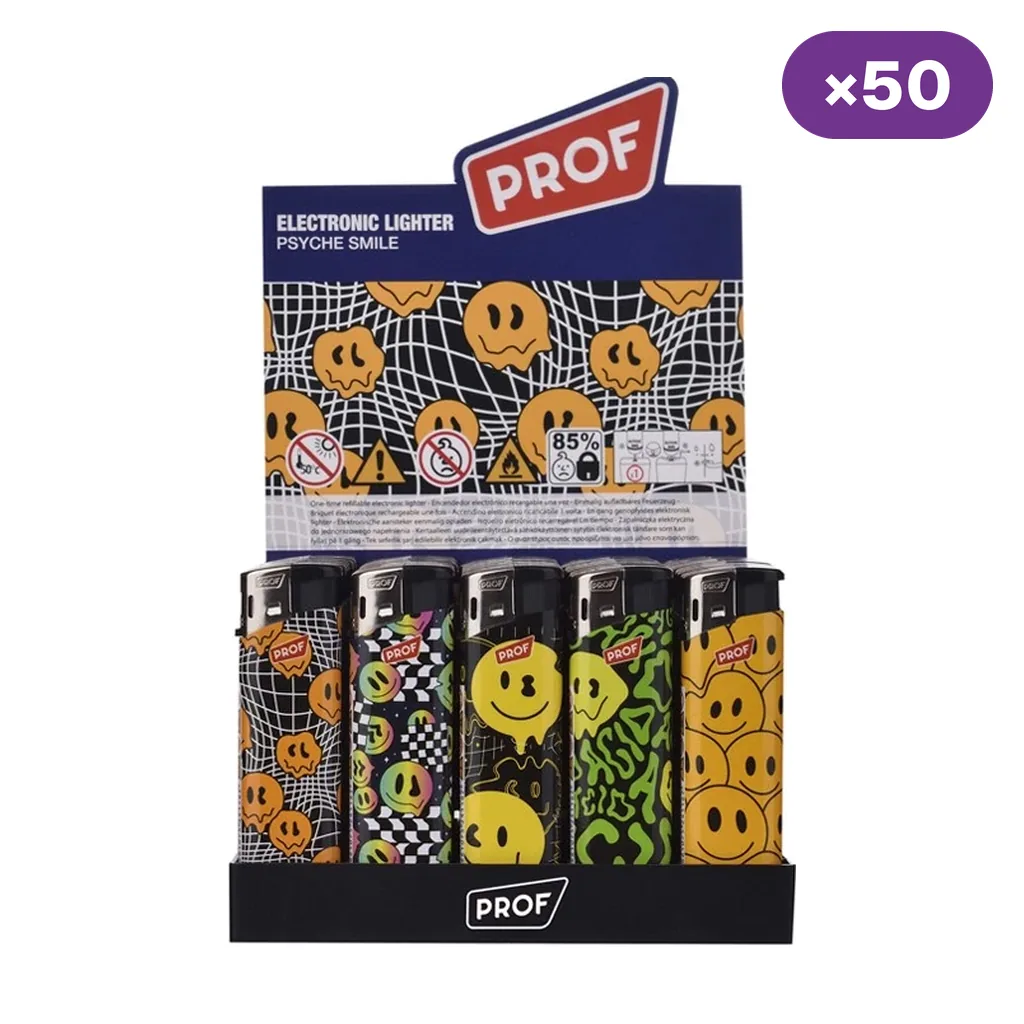 Expositor Prof Psyche Smile con encendedores de distintos diseños de caras sonrientes y motivos psicodélicos, con indicación de 50 unidades. Expositor Prof Psyche Smile con encendedores de distintos diseños de caras sonrientes y motivos psicodélicos, con indicación de 50 unidades.