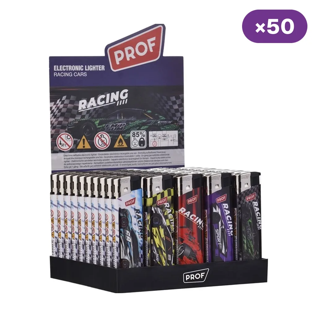 Expositor de encendedores Prof Racing Cars con distintos diseños de coches y colores, junto a un distintivo de 50 unidades.