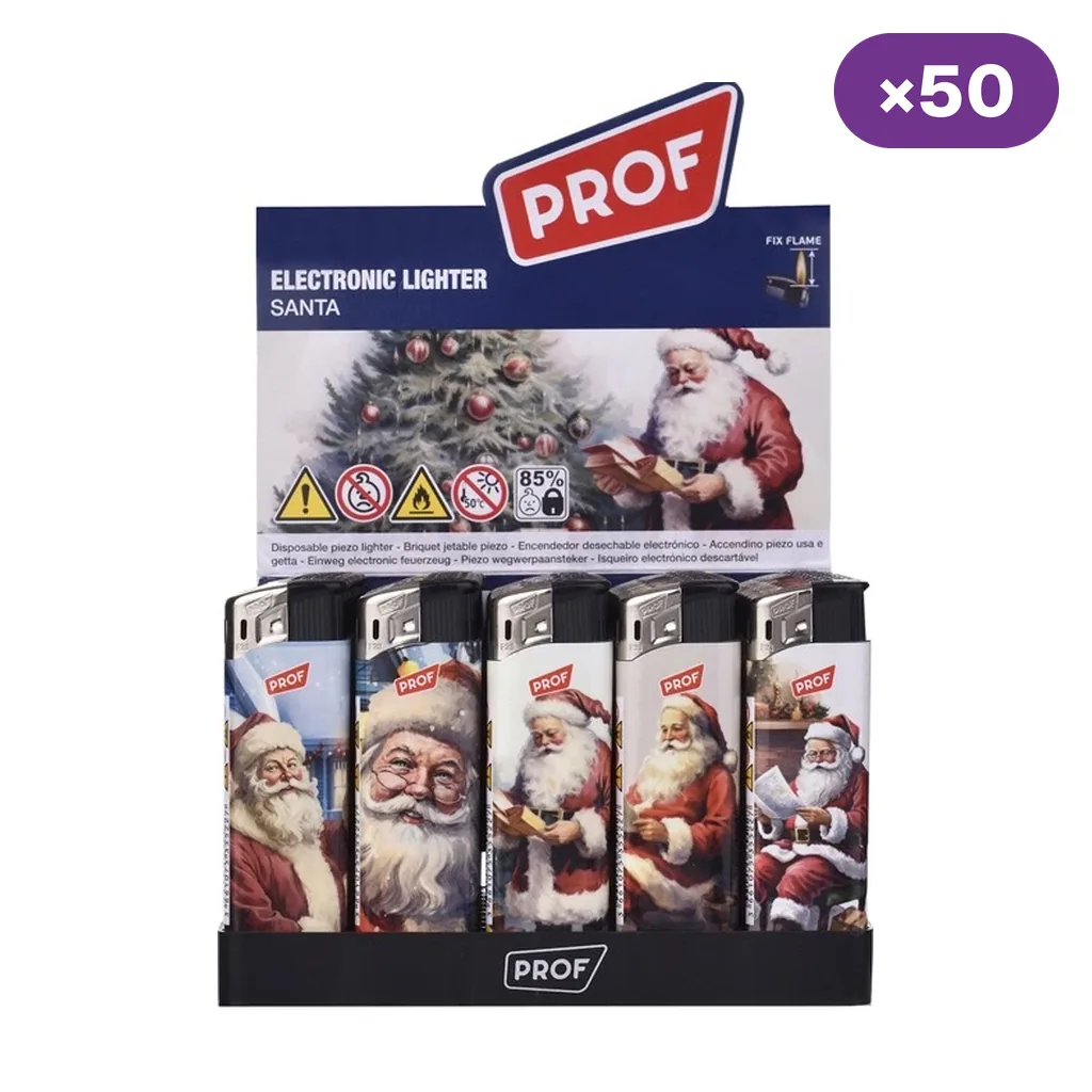 Expositor de encendedores electrónicos Prof Santa con distintas ilustraciones de Papá Noel y cuerpos de parte superior negra. Expositor de encendedores electrónicos Prof Santa con distintas ilustraciones de Papá Noel y cuerpos de parte superior negra.