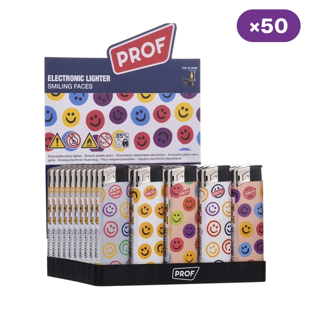 Expositor de encendedores Prof Smiling Faces con caras sonrientes multicolores, cuerpos de distintos colores y distintivo de 50 unidades. Expositor de encendedores Prof Smiling Faces con caras sonrientes multicolores, cuerpos de distintos colores y distintivo de 50 unidades.