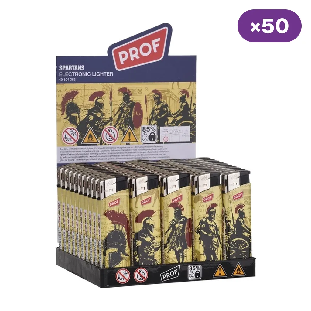 Expositor de 50 encendedores electrónicos Prof Spartans con distintos dibujos de guerreros espartanos sobre fondo amarillo. Expositor de 50 encendedores electrónicos Prof Spartans con distintos dibujos de guerreros espartanos sobre fondo amarillo.