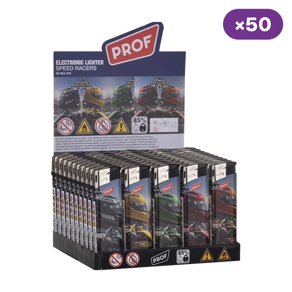 Expositor Prof Speed Racers con encendedores decorados con cascos y coches de carreras en varios colores e indicación de 50 unidades. Expositor Prof Speed Racers con encendedores decorados con cascos y coches de carreras en varios colores e indicación de 50 unidades.