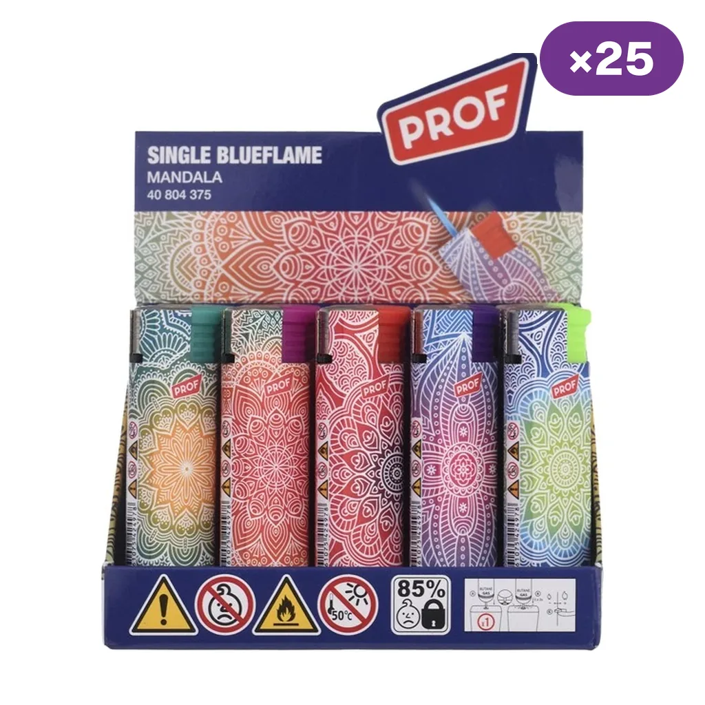 Expositor Prof Single Blueflame Mandala con encendedores de varios colores y motivos de mandalas, y distintivo de 25 unidades. Expositor Prof Single Blueflame Mandala con encendedores de varios colores y motivos de mandalas, y distintivo de 25 unidades.