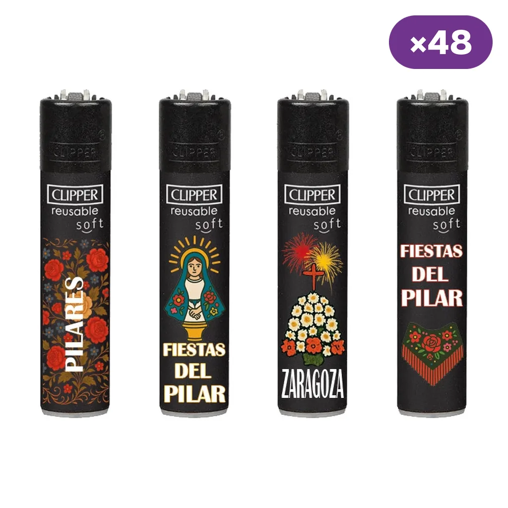 Selección de encendedores Clipper negros con distintos diseños de las Fiestas del Pilar, flores y motivos de Zaragoza; distintivo ×48.