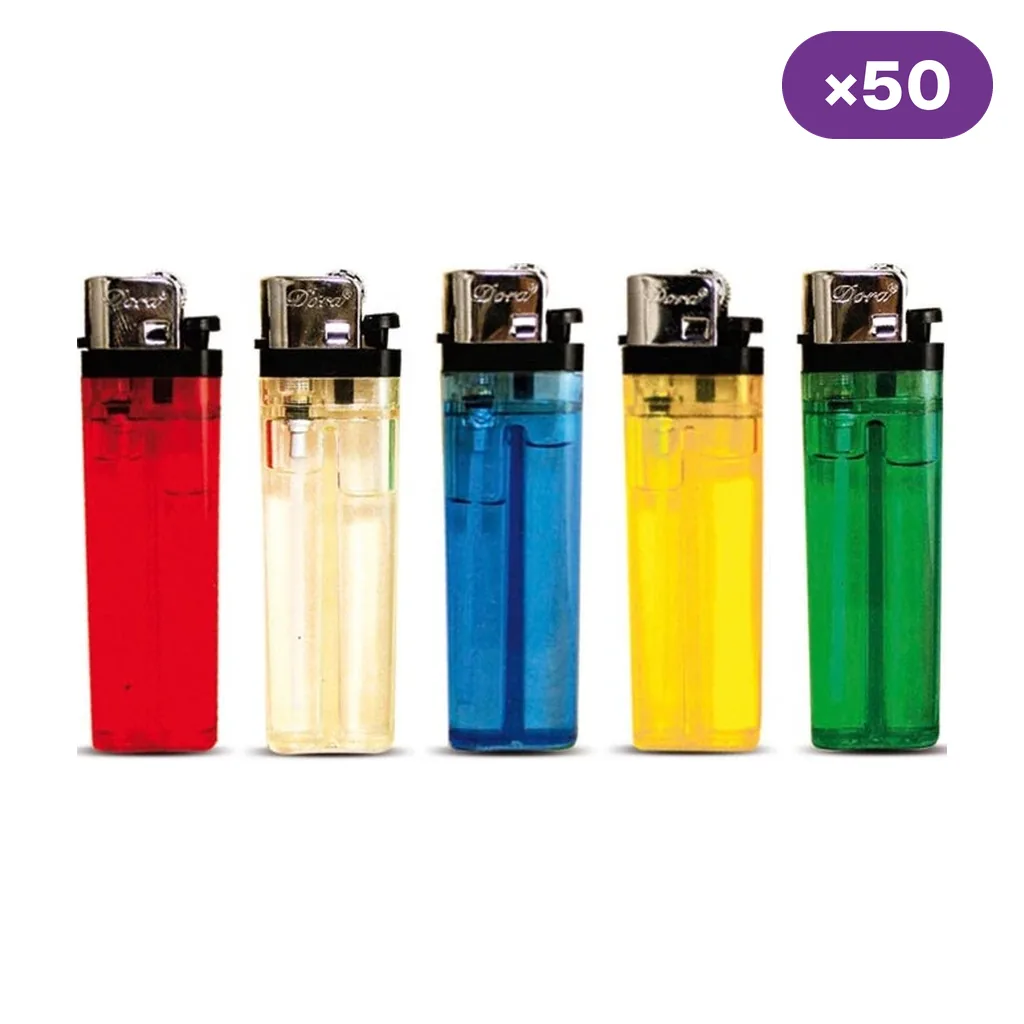 Encendedores de piedra semitransparentes alineados en rojo, tono claro, azul, amarillo y verde, con cabezales plateados.