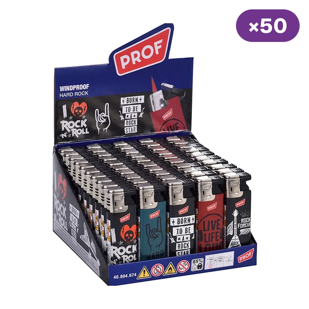 Expositor de encendedores Prof Hard Rock Slidecap con distintos diseños de temática rock y un distintivo que indica 50 unidades.