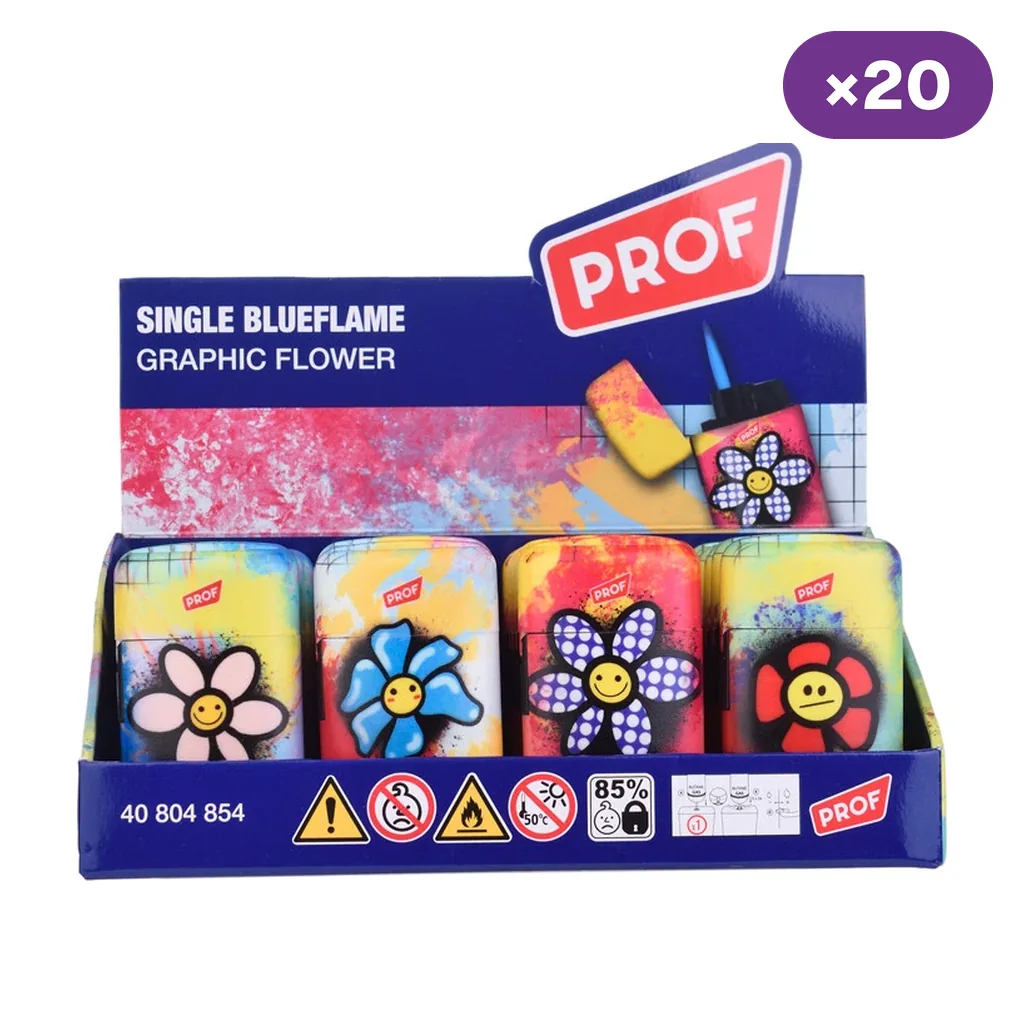 Expositor Prof con encendedores de distintos diseños de flores con caras sobre fondos multicolor e indicador ×20. Expositor Prof con encendedores de distintos diseños de flores con caras sobre fondos multicolor e indicador ×20.