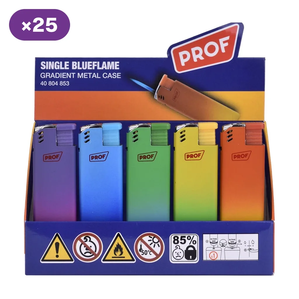 Expositor Prof marcado ×25 con encendedores de acabado degradado en violeta, azul, verde, amarillo y naranja. Expositor Prof marcado ×25 con encendedores de acabado degradado en violeta, azul, verde, amarillo y naranja.