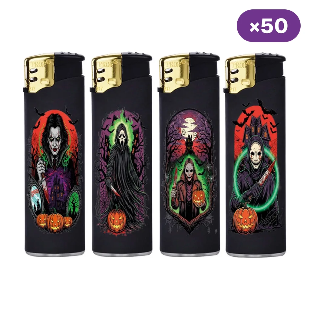 Selección de encendedores Prof negros con distintos diseños de Halloween, personajes enmascarados y calabazas; distintivo de 50 unidades.