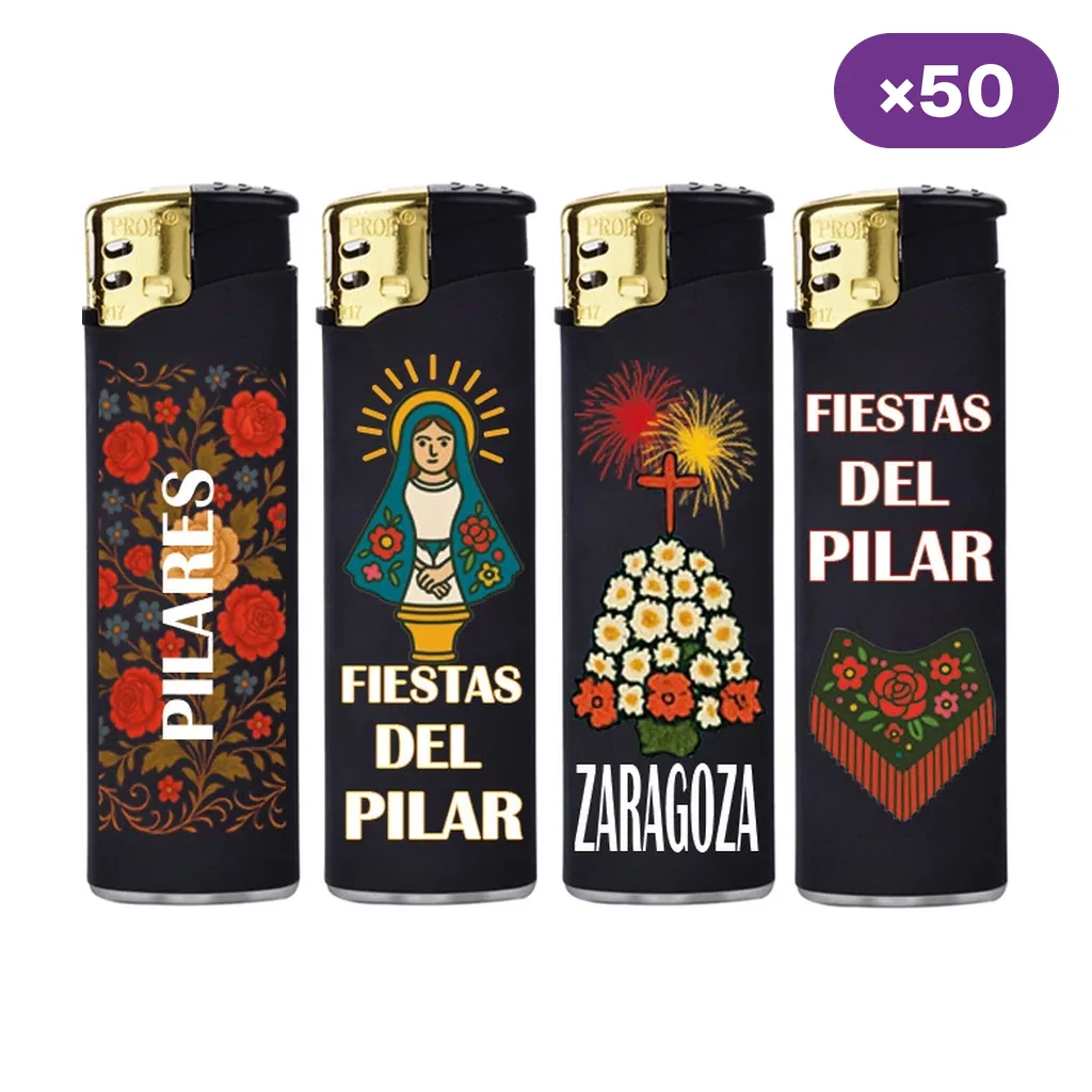 Selección de encendedores Prof negros con distintos diseños de las fiestas del Pilar: flores, Virgen, fuegos artificiales y mantón.