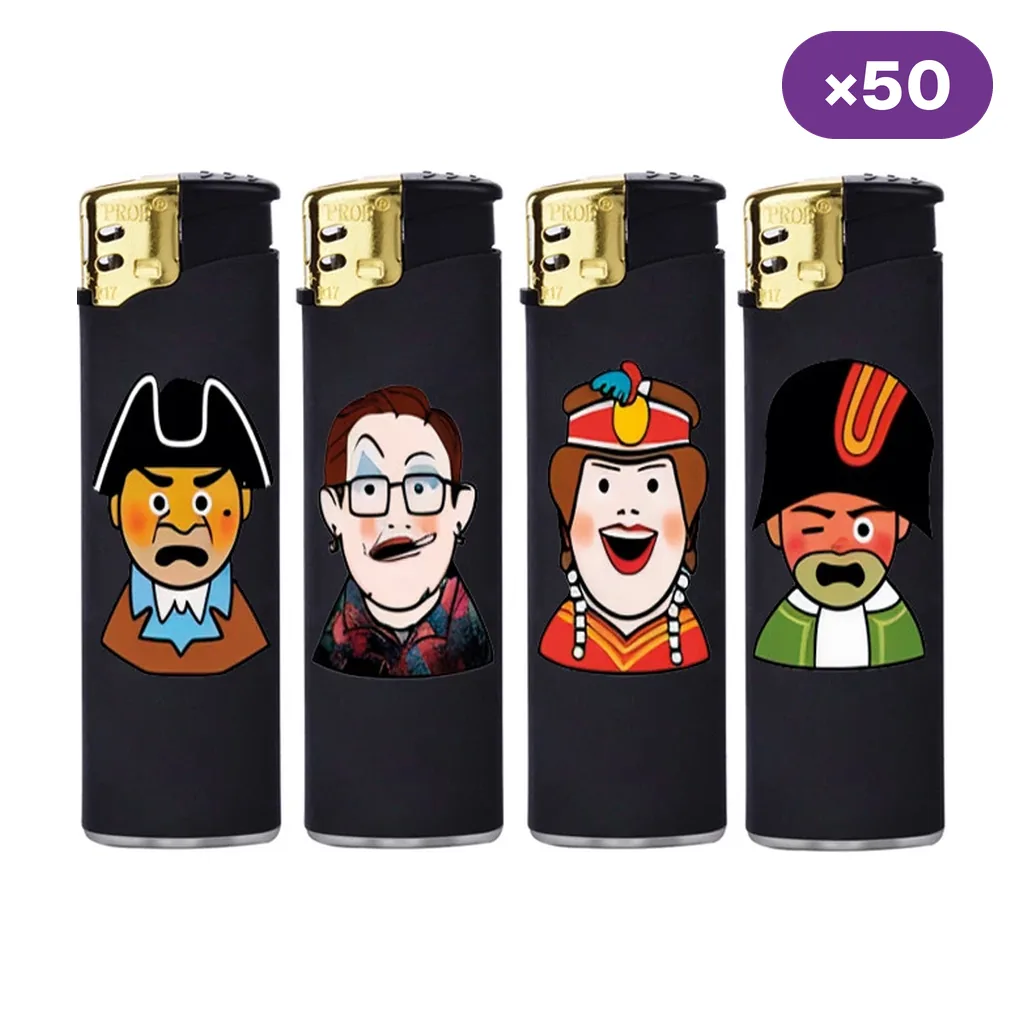 Selección de encendedores Prof Pilares negros con distintas caricaturas, cabezal dorado y distintivo de caja de 50 unidades.