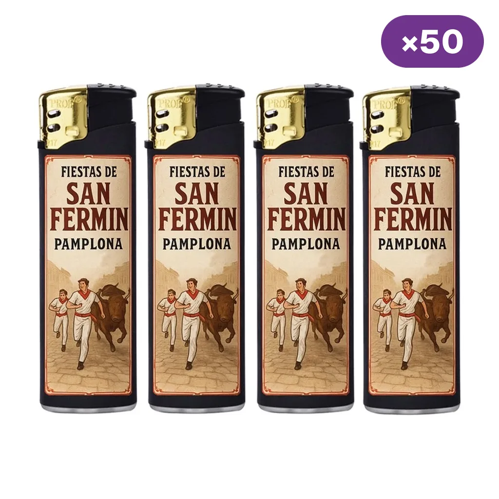Varios encendedores negros con cabezal dorado y diseño de San Fermín, con corredores y toro bajo el texto «San Fermín Pamplona».