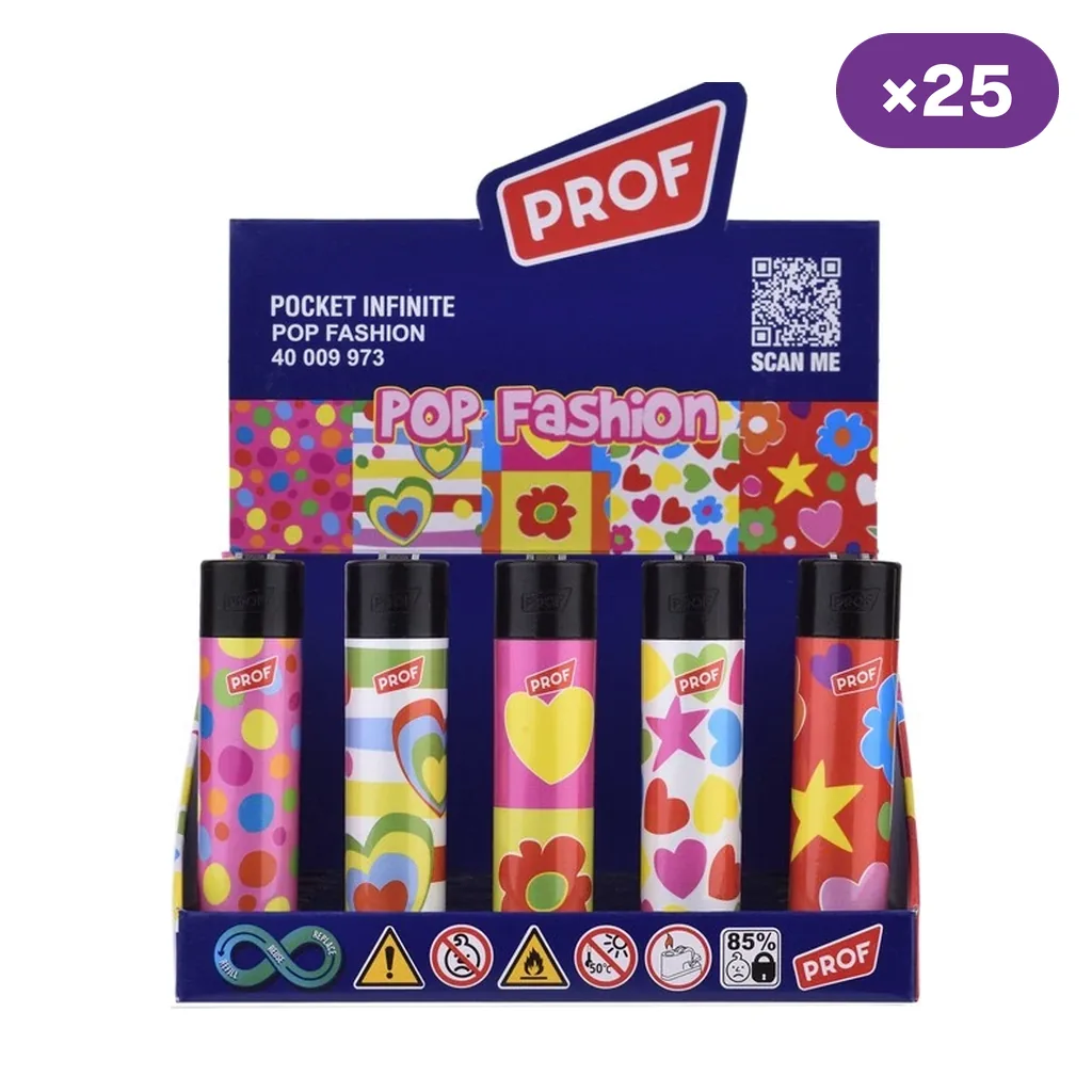 Expositor Prof Pocket Fashion con encendedores de diseños multicolores, corazones, flores y estrellas, y distintivo de 25 unidades.
