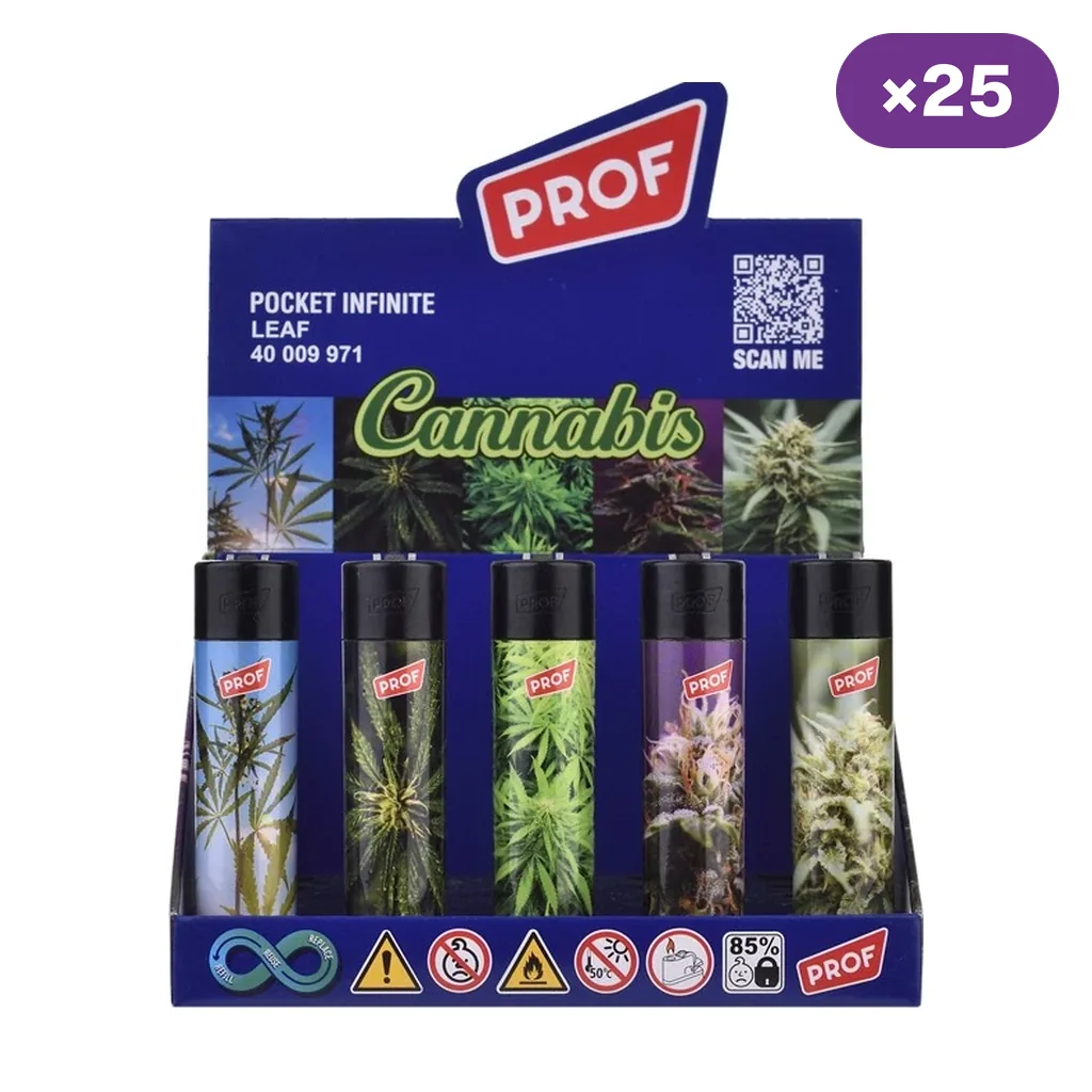 Expositor Prof Pocket Leaf con encendedores de distintos diseños de hojas y flores de cannabis y distintivo de 25 unidades.
