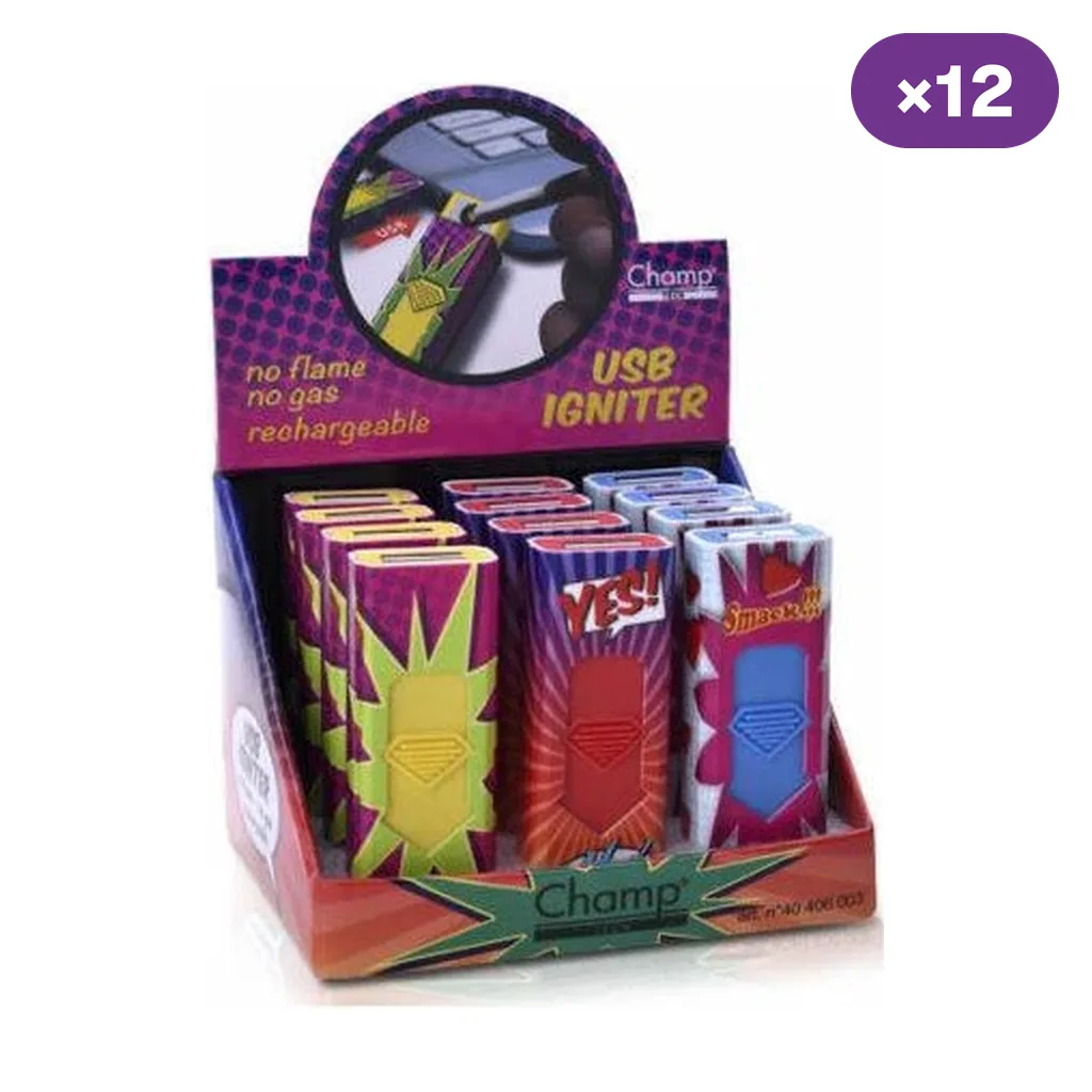 Expositor de encendedores USB Champ con varios diseños de colores, flechas y onomatopeyas; distintivo de 12 unidades. Expositor de encendedores USB Champ con varios diseños de colores, flechas y onomatopeyas; distintivo de 12 unidades.