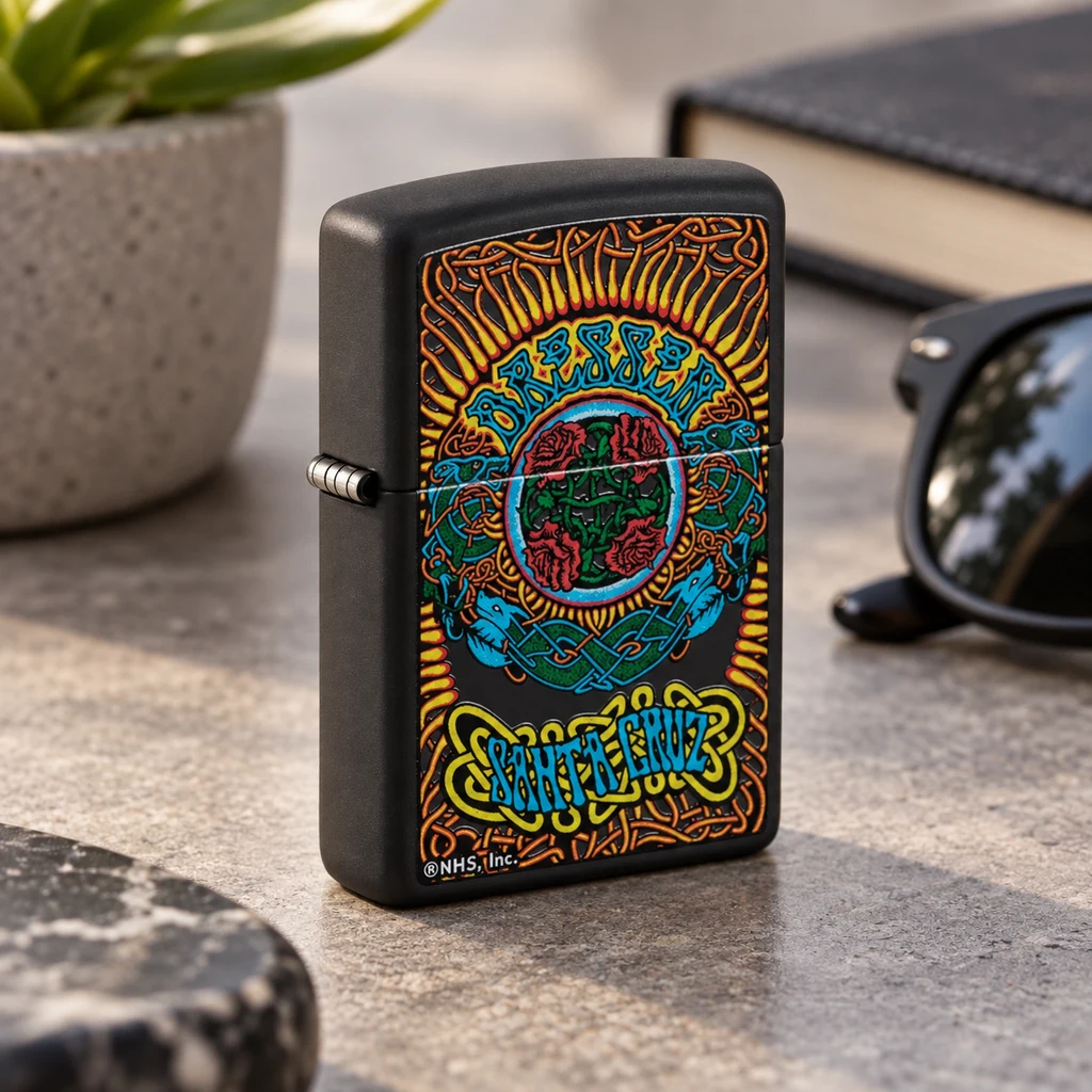 Encendedor Zippo 218 Santa Cruz negro con ilustración multicolor y letras decorativas, sobre una mesa junto a unas gafas de sol.