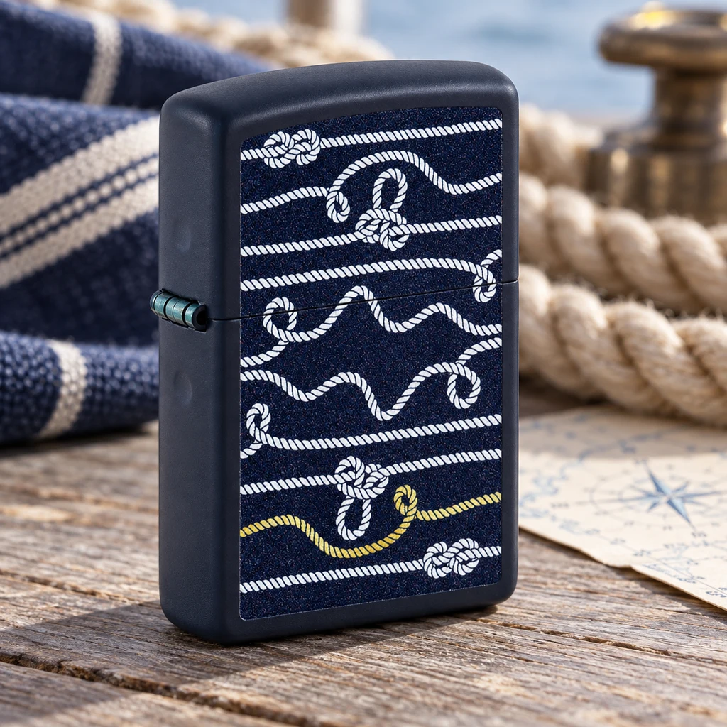 Encendedor Zippo azul oscuro con diseño de cuerdas y nudos blancos y amarillos, sobre madera junto a cuerdas y una carta náutica.