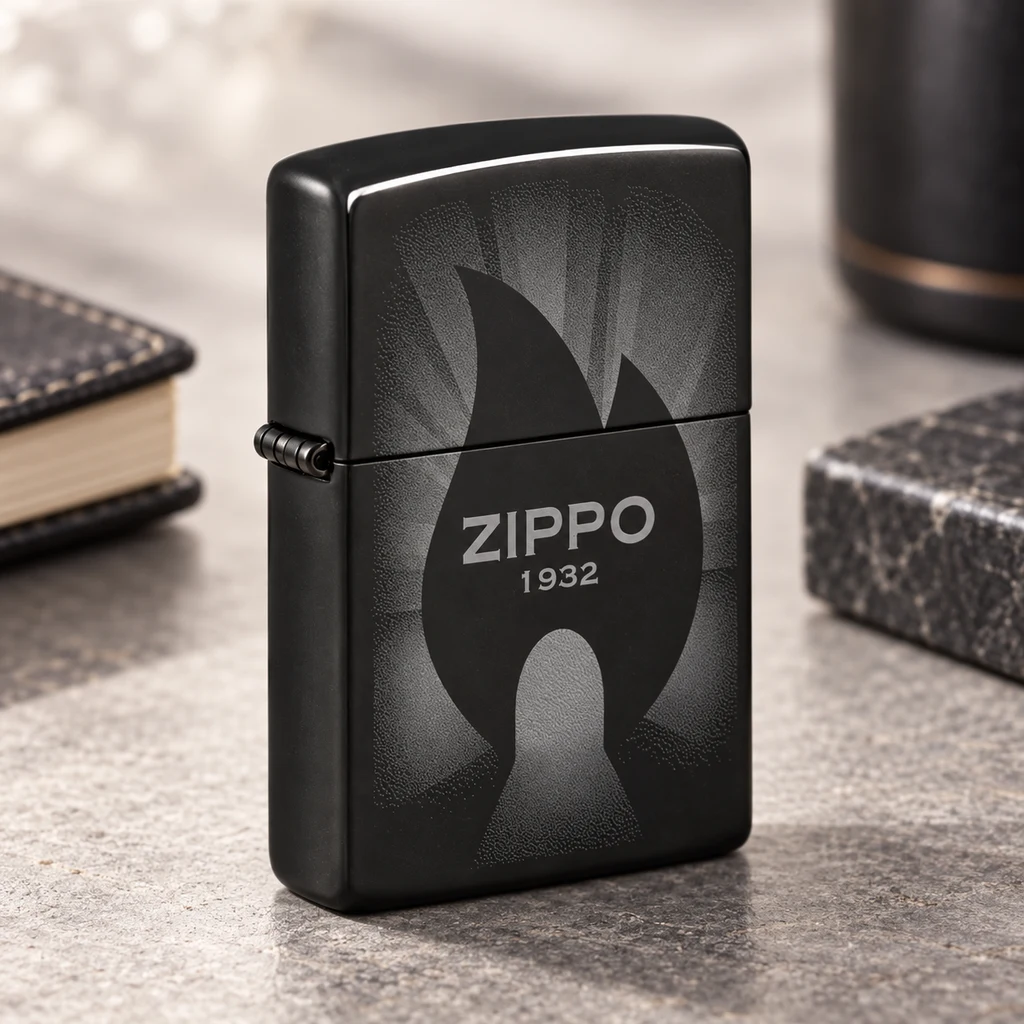 Encendedor Zippo negro cerrado con una gran llama dibujada y el texto «ZIPPO 1932», en vertical sobre una mesa gris.