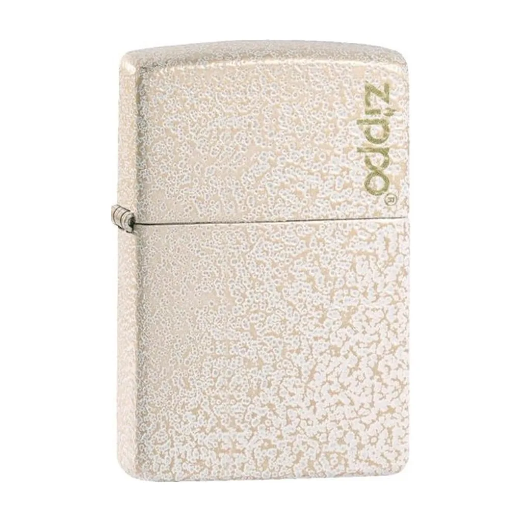 Encendedor Zippo Mercury Glass cerrado, con acabado moteado plateado, bisagra lateral y logotipo vertical en la tapa sobre fondo blanco.