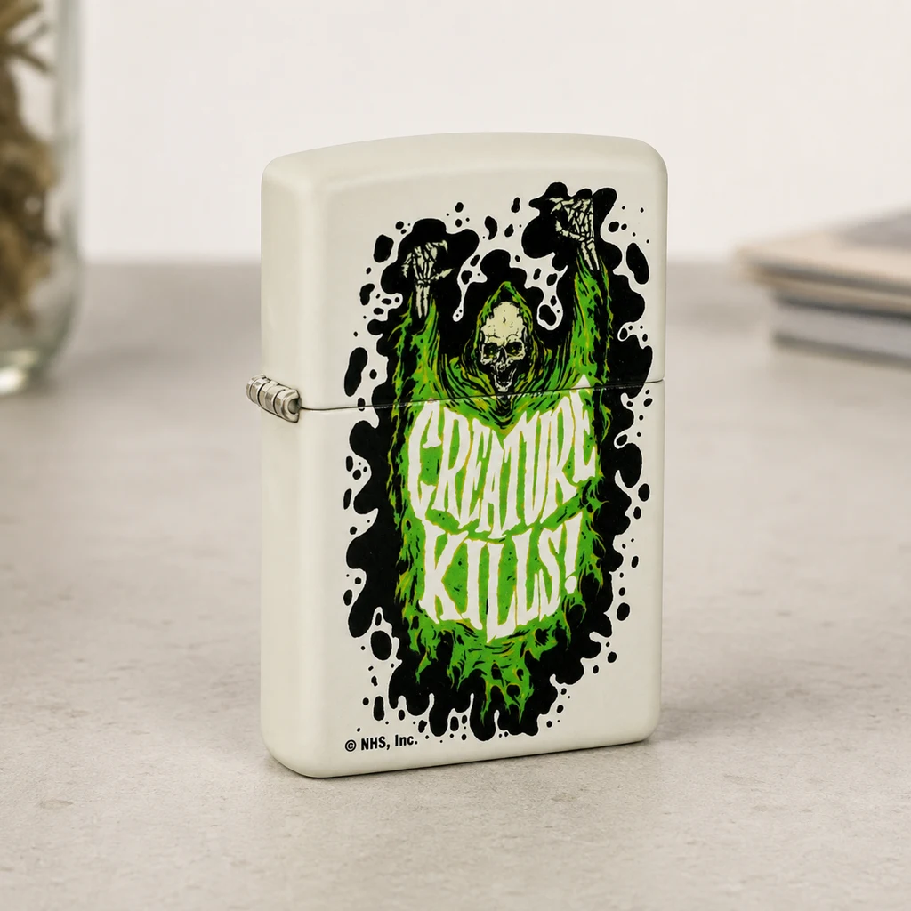 Mechero Zippo de color crema, cerrado sobre una mesa, con una figura esquelética verde y negra y el texto «Creature Kills!».