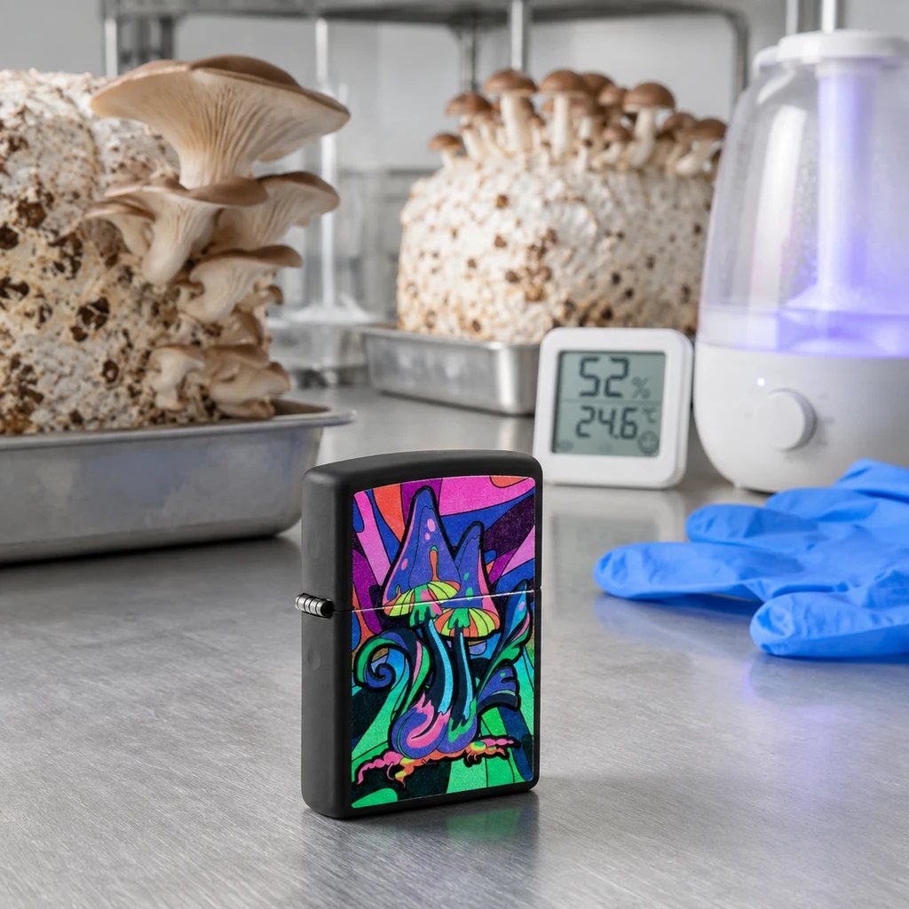 Mechero Zippo Counter Culture negro con setas multicolores, sobre una mesa junto a cultivos de setas, guantes y humidificador.