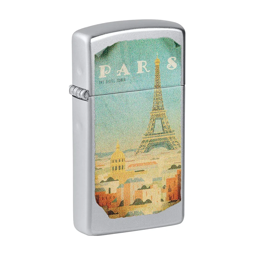Encendedor Zippo Paris Design Satin Chrome cerrado, con ilustración de la torre Eiffel y la palabra París sobre fondo verde.