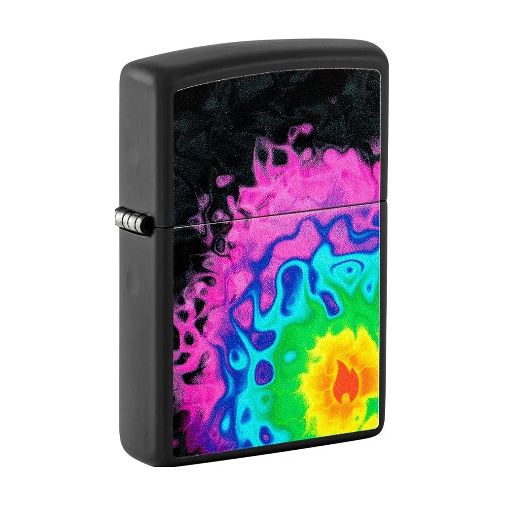Encendedor Zippo cerrado, visto en perspectiva, con carcasa negra y un estampado ondulado en rosa, azul, verde y amarillo.